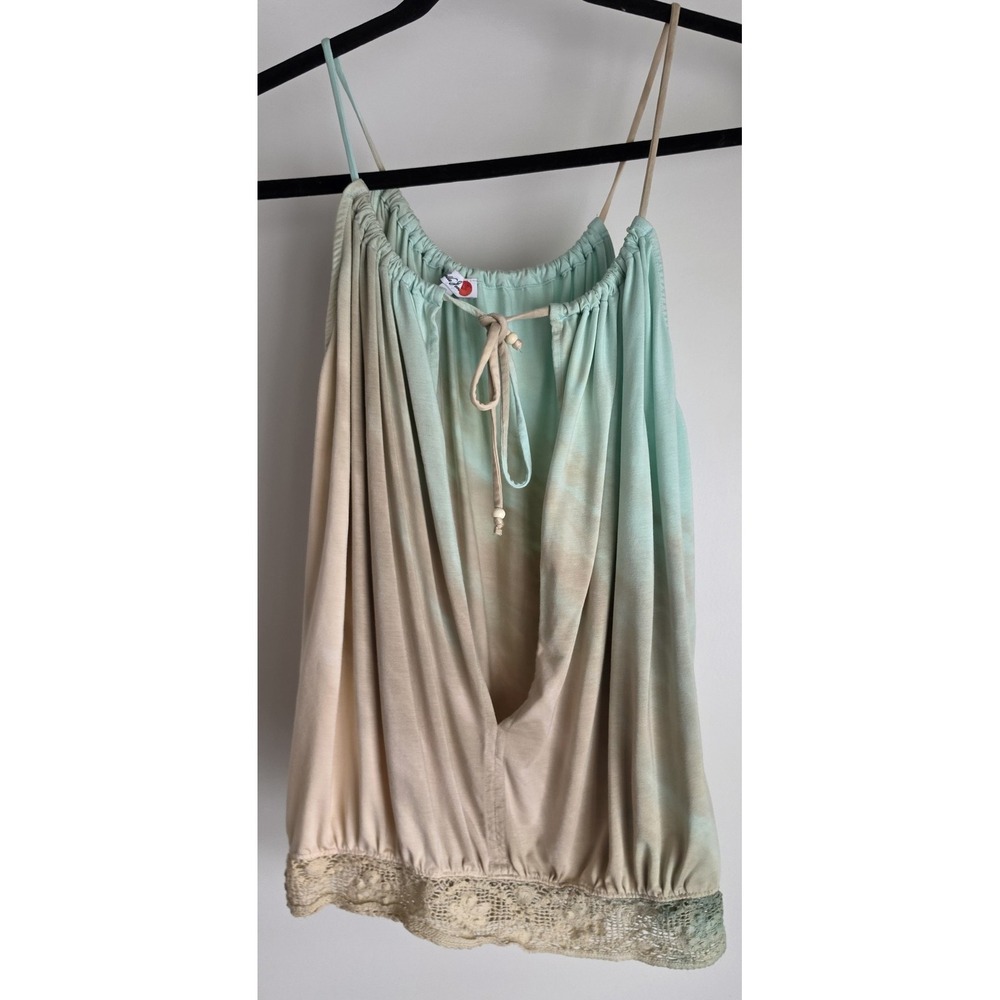 Michelle Jonas Women's Tank Top S Green Tie Dye Cotton Lace Hem Boho Resort Tie